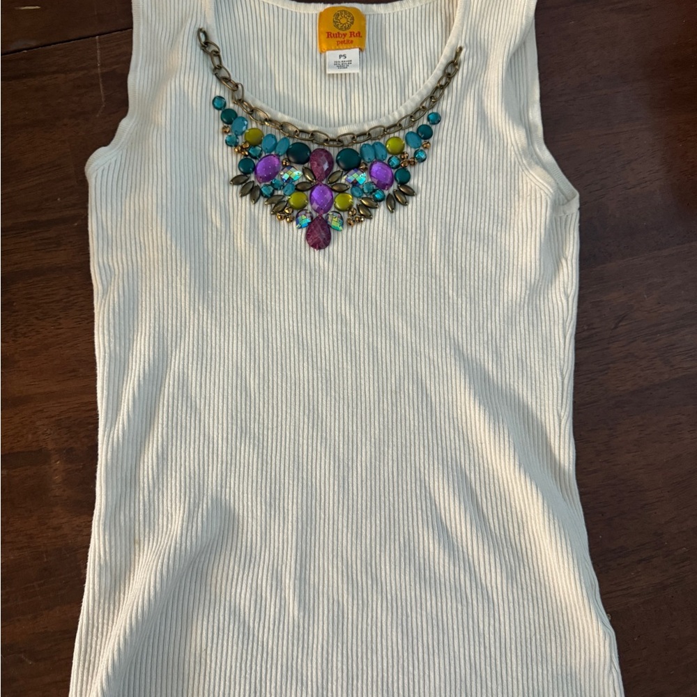 Ruby Rd. Cream Tank Top with Colorful Necklace